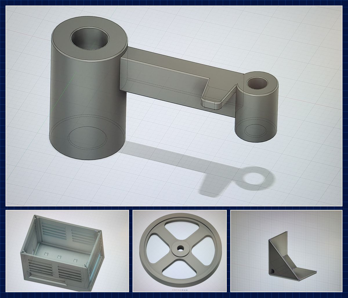 CAD-Konstruktionen eines Hebels, Gehäuses, einer Riemenscheibe und eines Winkels