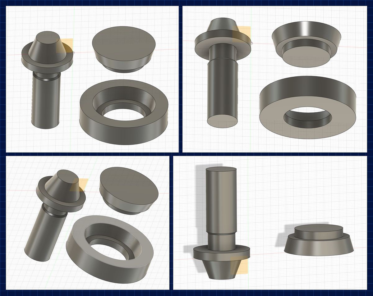 CAD-Modelle von Drehteilen, Ring und Einsatz in mehreren Ansichten