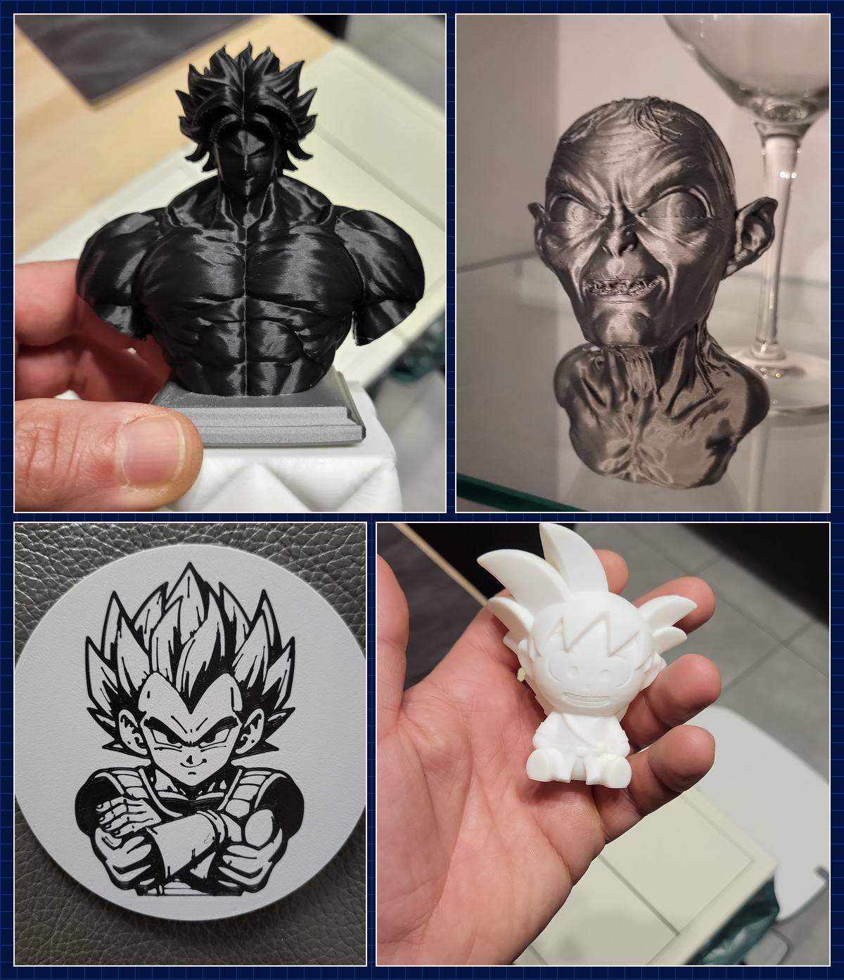 Gedruckte Büsten, Figur und Untersetzer mit Comic- und Anime-Motiven