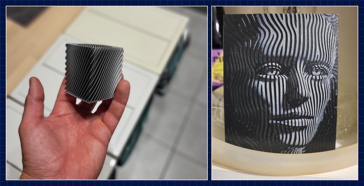Gedrucktes Gefäß mit Spiralmuster und ein Wandbild mit Streifenmuster