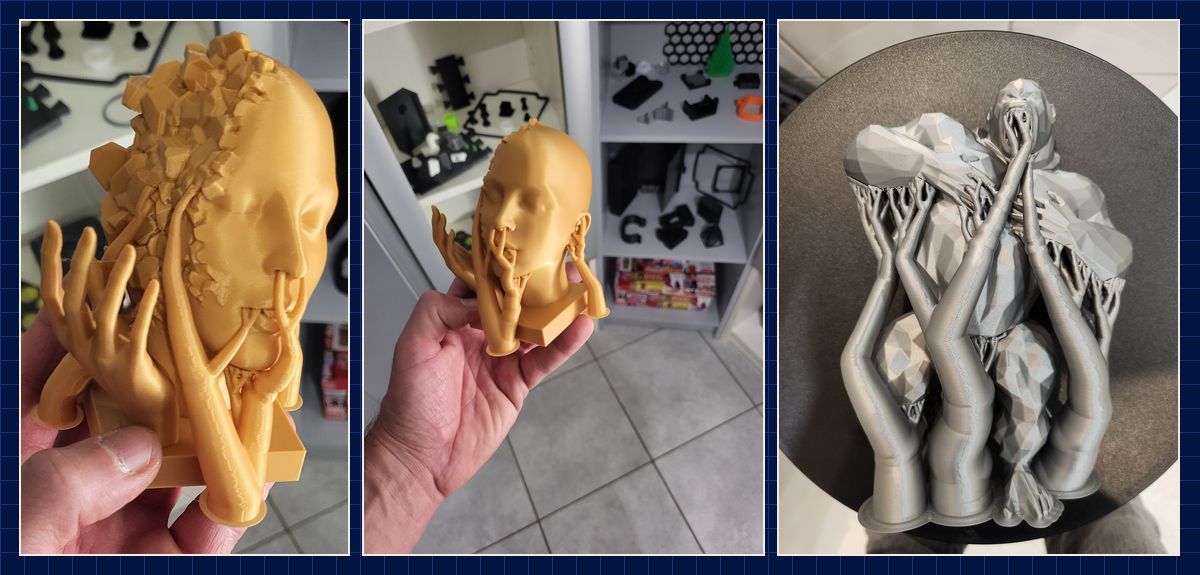 Gedruckte Skulptur mit Händen vor dem Gesicht in Gold und Grau