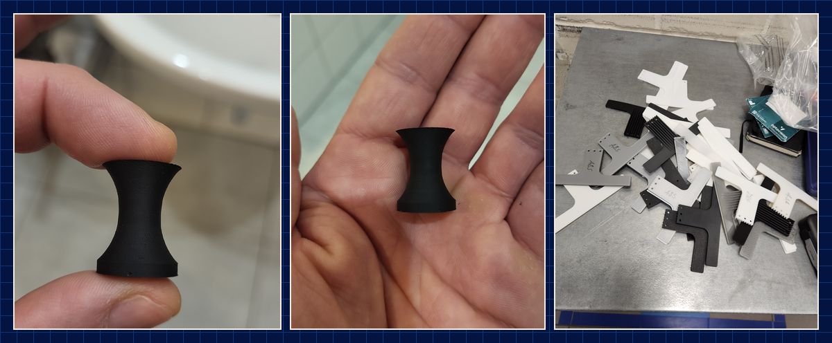 Gedrucktes schwarzes TPU-Teil in der Hand sowie Zuschnitte