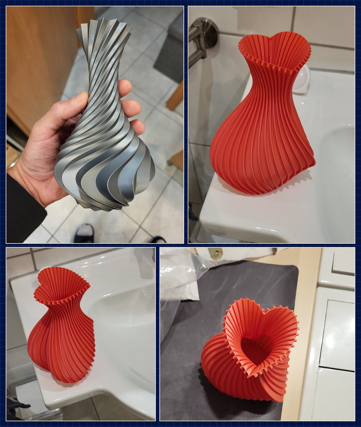 Gedruckte Vasen in Silber und Rot mit Spiralstruktur